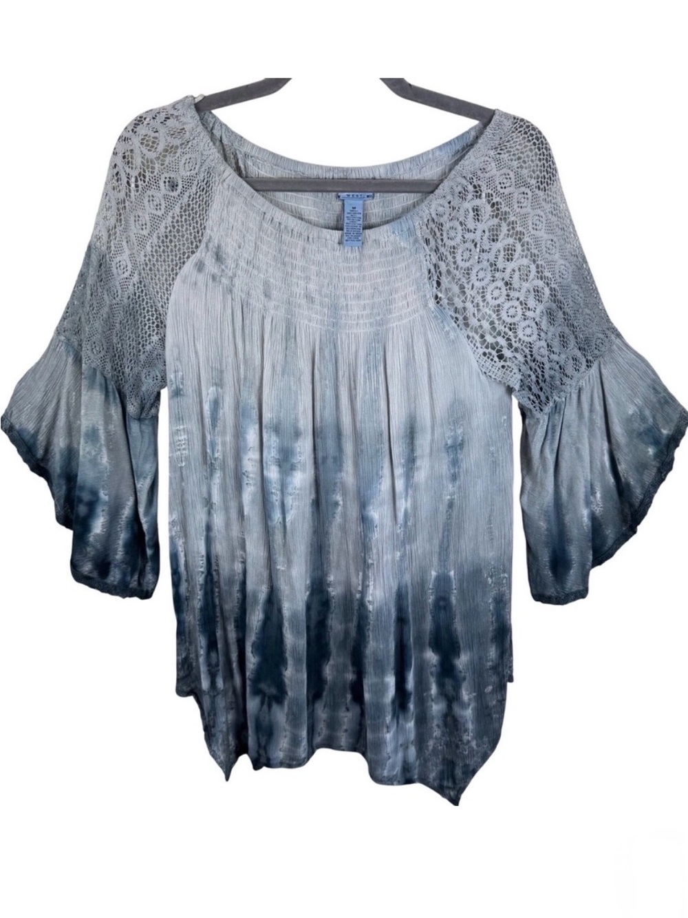 Studio West Womens Blue Gray Tie Dye Lace Smocked Bell Sleeve Blouse Medium M